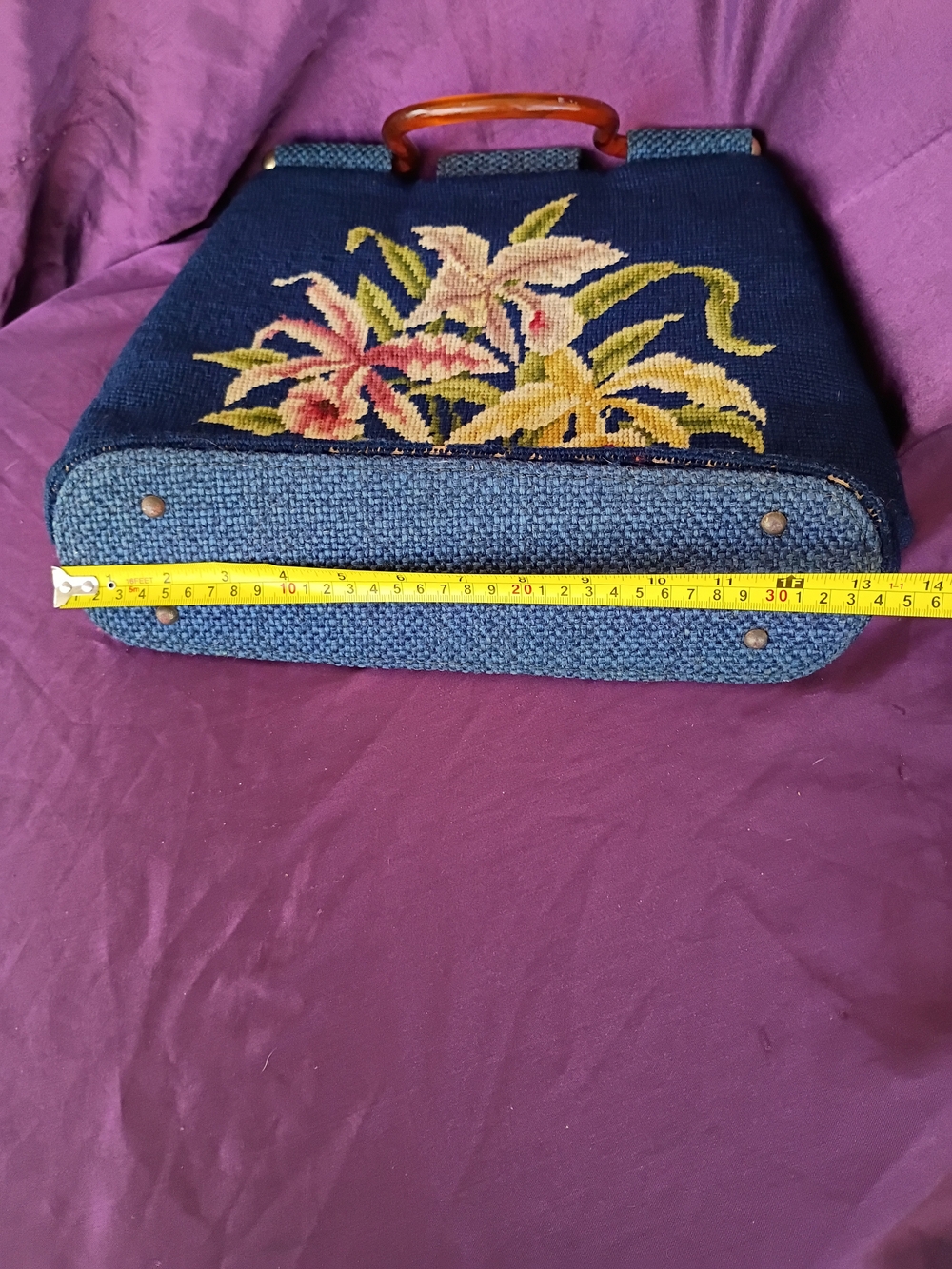 Navy Floral Needlepoint Satchel with Amber Handles - Picture 10 of 16